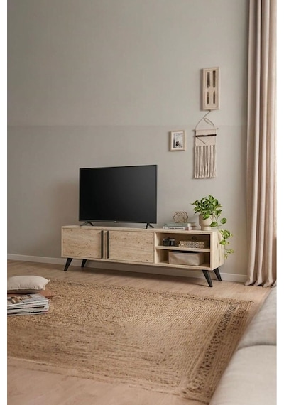 Tv Ünitesi 2 Kapaklı Raflı Dolaplı Tv Sehpası Traverten