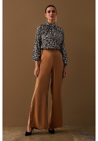 Sateen Yırtmaç Detaylı Saten Pantolon - Camel