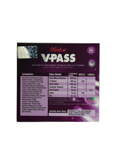 V-pass Kara Mürverli Zerdeçallı Çinko Ve C Vitaminli 1000 Mg X 30 Tablet