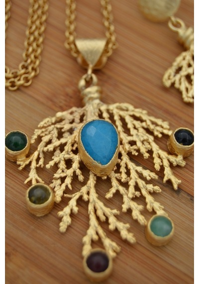 Stoneagejewellery Stoneage Altın Kaplama Bayan Kolye Turkuaz Ve Yeşim Taşlı Altın
