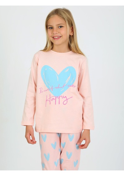 Kız Çocuk Uzun Kollu %100 Pamuklu Pijama Takımı Happy Heart Somon SOMON