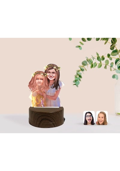 Kişiye Özel Kız Kardeşler Karikatürlü Dekoratif 3D Biblo Led Işık (483006734)