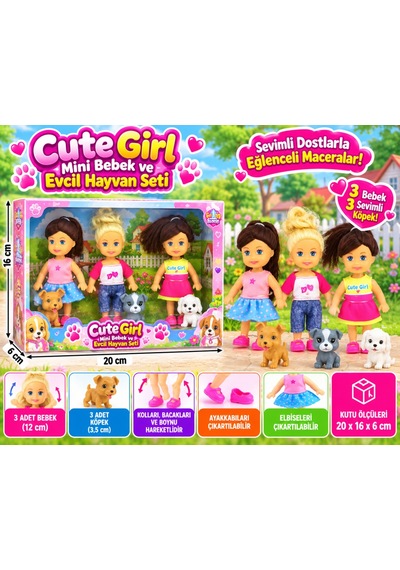 Cute Girl Mini Bebek Ve Evcil Hayvan Üçlü Set Nhr