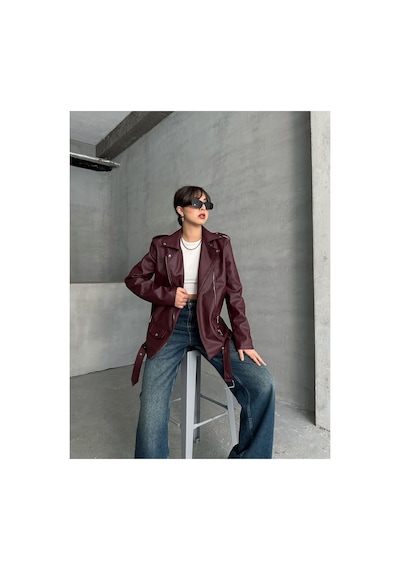 Meecy Kadın Oversize Biker Deri Ceket Bordo Bordo