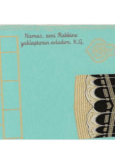 Tesbihane Kişiye Özel Nakış İşlemeli Dini Motifli Saçaklı Turkuaz Renk Hediyelik Seccade