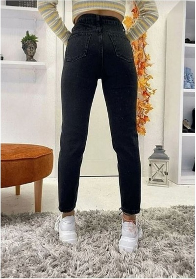 Siyah Mom Jean Yüksek Bel Likralı Kot Pantolon