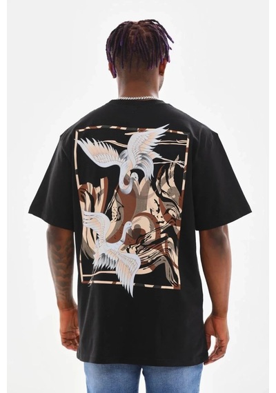 Erkek Baskılı T-shirt Yazlık Kısa Kol Bisiklet Yaka Tişört - Siyah