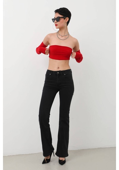Kadın Yüksek Bel Flare Jean Pantolon Siyah 001