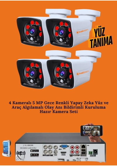 Kazıen 4 'lü 5 Mp Full Hd Yüz Ve Araç Tanımalı Kamera Sistemi Set