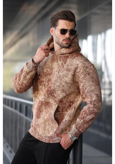 Madmext Kahverengi Desenli Kapüşonlu Erkek Sweatshirt E7167 Kahverengi