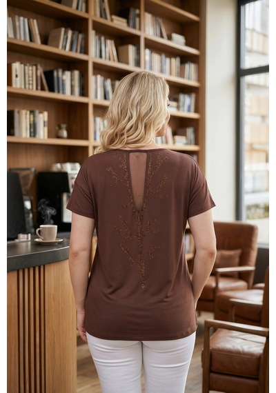 Aytemas Sırtı Taşlı Tül Detaylı Bluz Kahverengi