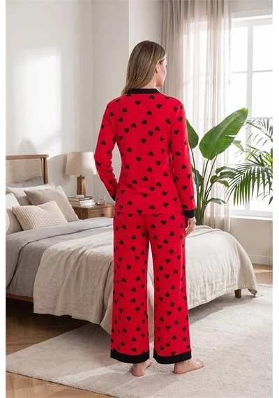 Go İthalat Kadın Şık Tasarım Desenli Geniş Paçalı Yumuşak Dokulu Viskon Kumaş Düğmeli 2'li Pijama Takımı Kırmızı
