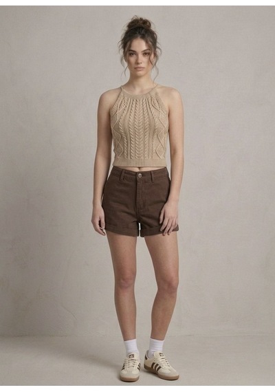 Neden Tekstil Kadın Triko Örme Halter Yaka Crop Bluz - Bej