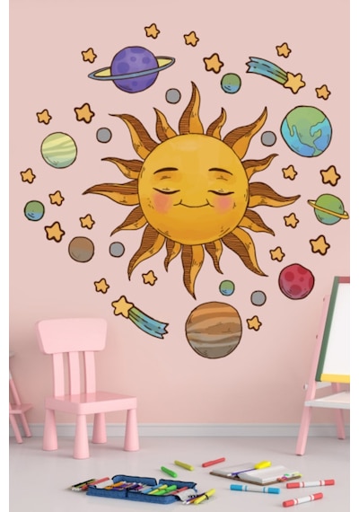 Güneş Sistemi ve Uzay Duvar Sticker Sulu Boya Renkler