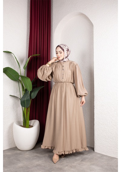 Hira Life Fashion Kadın Çilek Kumaş Ve Önü Düğmeli Eteği Fırfırlı Hakim Yaka Elbise Bej Bej