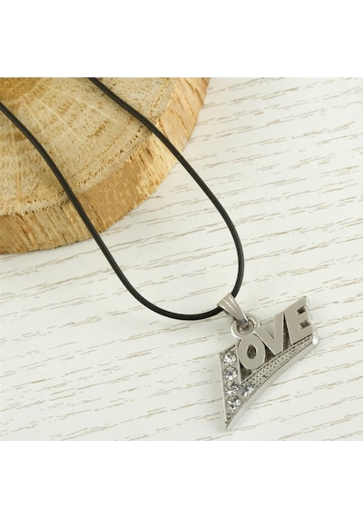 Love - 777 - Yazılı Metal Vinlex Deri Kolye - Muratech - Gümüş Rengi