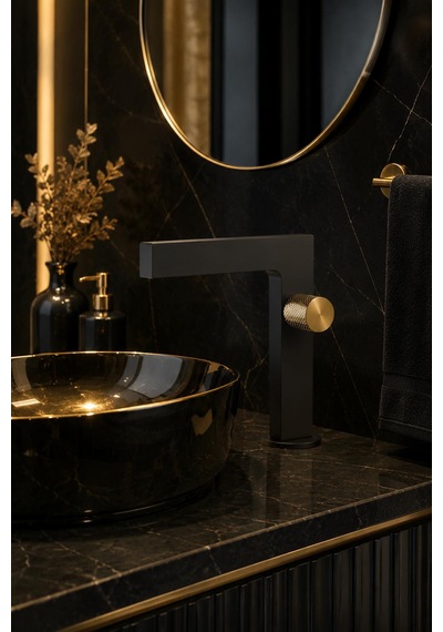 Fontana Fk-2015 Siyah Gold Detaylı Lüks Lavabo Bataryası Mat Siyah Modern Lavabo Bataryası Altın - Mat Siyah