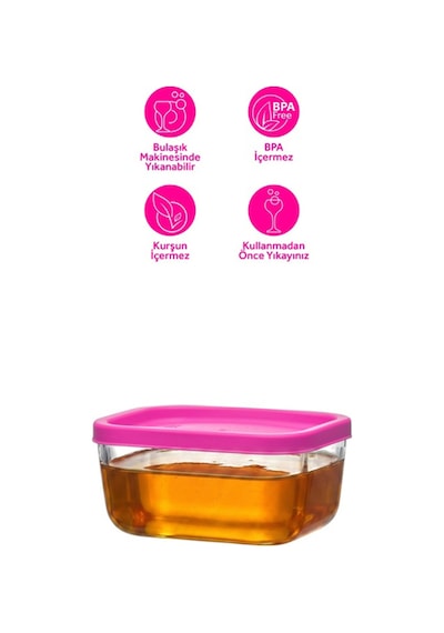 Lav Cube Cam Saklama Kabı 2'li Küçük Boy 405 ml Dikdörtgen Pembe Plastik Kapaklı (Kahvaltılık )