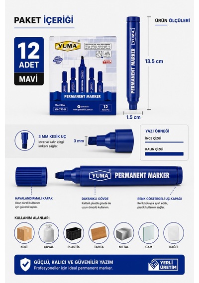 Mavi Permanent Marker Koli Kalemi 12 Li Paket 3 Mm Kesik Uç Lacivert