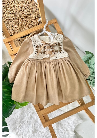 Miniğimin Cicileri 9-24 Ay Vintage Nakışlı Yaka Detaylı Fiyonklu Kız Bebek Elbise - Camel