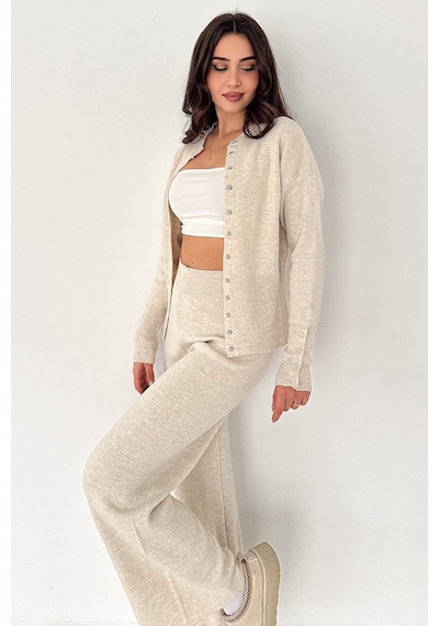 Kadın Bol Paça Triko Takım Knit Flow Bej