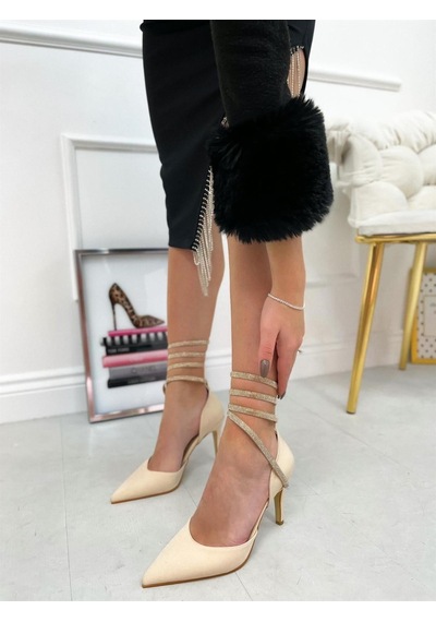 Ervanın Butiği Bej Saten Brice Taş Detay Bilek Bağlamalı Kadın Stiletto-4208