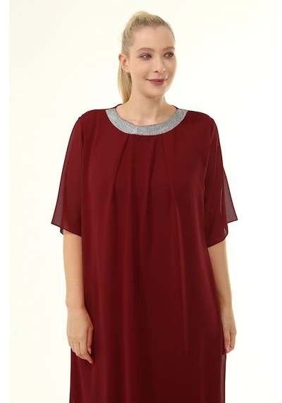 Bordo Büyük Beden Şifon Elbise 16E-1862 Bordo