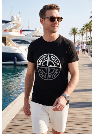 Buratti Baskılı Bisiklet Yaka Pamuklu Slim Fit Erkek T Shirt 541Pusula Siyah