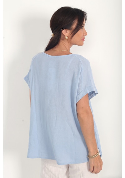 By Saygı Kadın İtalyan Cotton V Yaka Örgü Dantel Tek Cepli Oversize Keten Bluz Bebe Mavi By Saygı Kadın İtalyan Cotton V Yaka Örgü Dantel Tek Cepli Oversize Keten Bluz Bebe Mavi