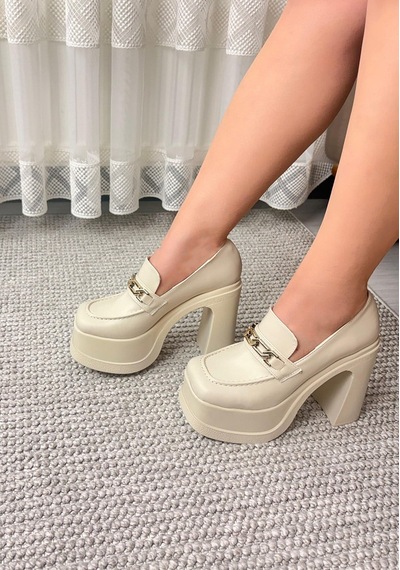Asmi Shoes Kadın Mila Bej Kare Toka Loafer Model 12 Cm Platform Topuklu Ayakkabı