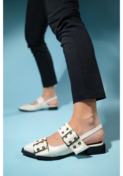 Luvishoes Paloma Ekru Cilt Tokalı Kadın Sandalet Ekru