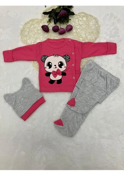Yağmur Giyim %100 Pamuk Kendinden Eldivenli Bebek Papyonlu Ayıcık Pembe 3 Parça Hastane Çıkışı Seti 9201-p Pembe