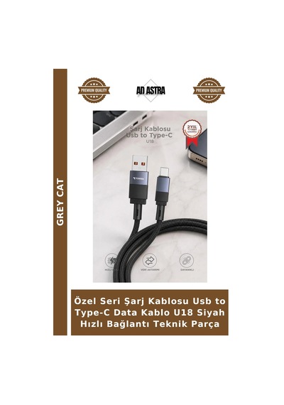 Özel Seri Şarj Kablosu Usb To Type-c Data Kablo U18 Siyah Hızlı Bağlantı Teknik Parça