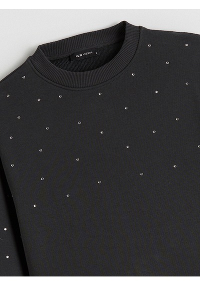 Lcw Vision Antrasit Bisiklet Yaka Taşlı Oversize Kadın Sweatshirt