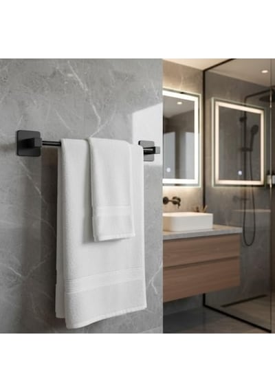 Siyah Uzun Havluluk Duvara Monte Yapışkanlı Metal Havlu Askısı 42 Cm, Mat Siyah Banyo Aksesuarı Diğer