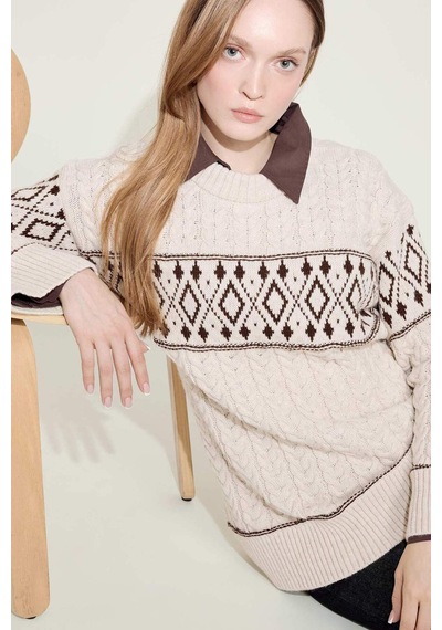 Defacto Regular Fit Bisiklet Yaka Desenl Triko Kazak Tunik G6341ax25wner218 Ekru-er218