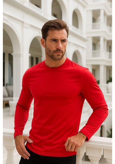 Rich Erkek Uzun Kollu Bisiklet Yaka Tişört - %100 Pamuk Basic Relaxed T-shirt Kirmizi