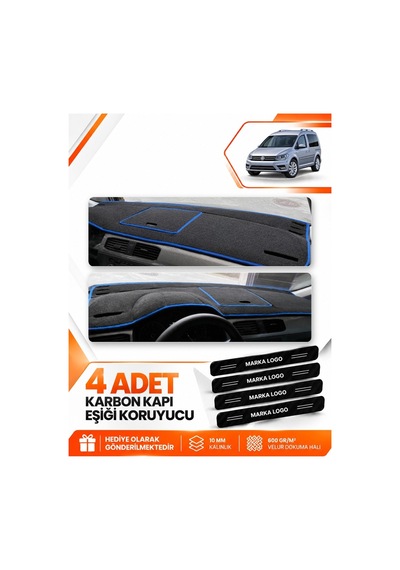Volkswagen Caddy 2015-2021 Uyumlu Ön Torpido Koruma Kılıfı Halısı Örtüsü - Siyah Mavi