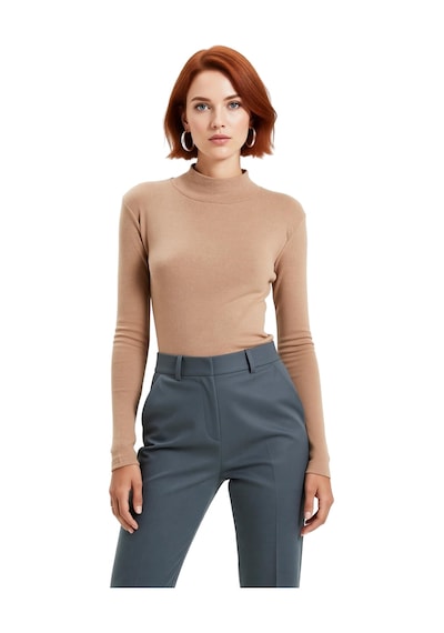 Ersefa Moda Dik Yaka Örme Slim Düz Desen Casual Günlük Regular Uzun Kol Vizon