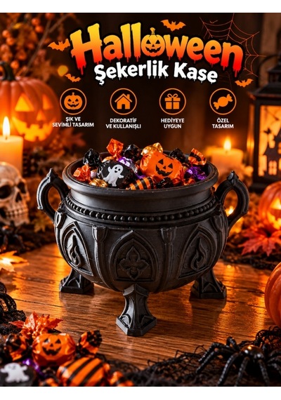 Halloween Cadılar Bayramı Dekoratif Cadı Kazanı Şekerlik Kase Masa Üstü Dekor