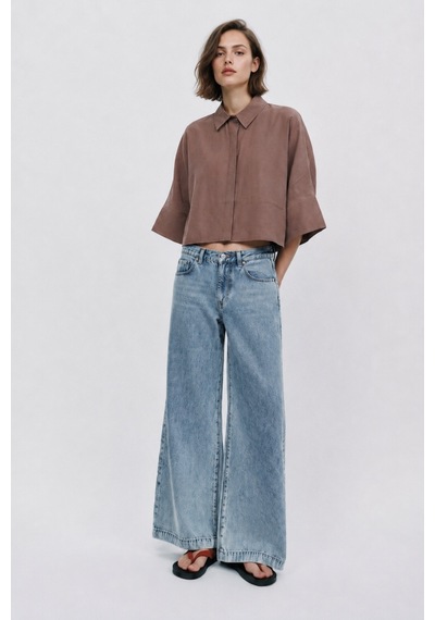 Feg Store Kahve Yarasa Kol Duble Manşetli Modal Oversize Gömlek Kahverengi