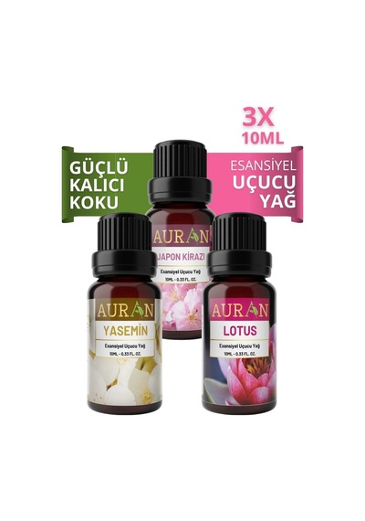 Auran Japon Kirazı + Lotus + Yasemin Saf Esansiyel Uçucu Yağı 3 x 10 ML