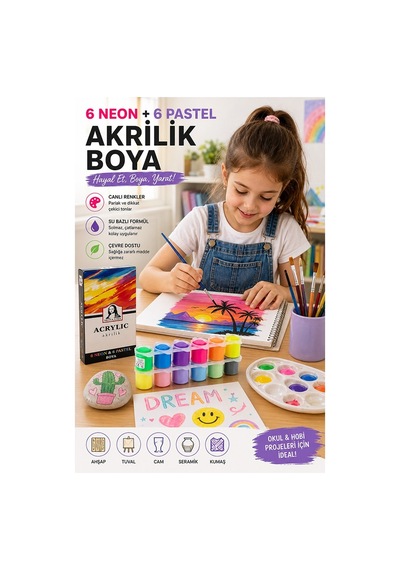 Neon Ve Pastel Akrilik Boya 12 Renk 1 Paket Monalisa 22 Ml 12 Li Akrilik Boya Resim Dersi Tuval Ahşap Taş Boya Seti Çok Renkli