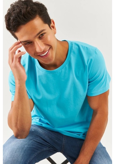 Erkek Oversize Rahat %100 Pamuklu Penye Bisiklet Yaka Kısa Kol Basic T-shirt Aqua