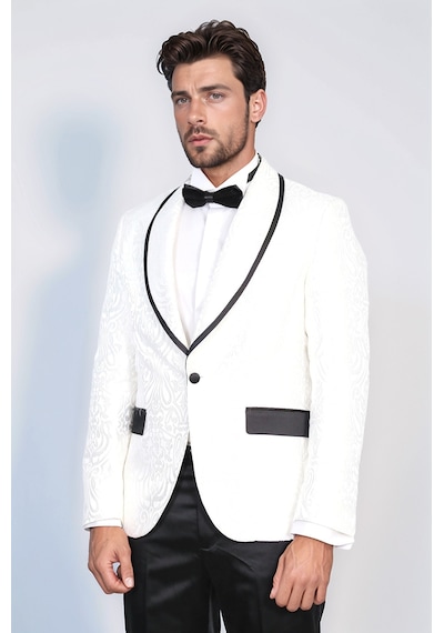 Damask Desenli S Al Yaka Beyaz Smokin - Wessi Beyaz