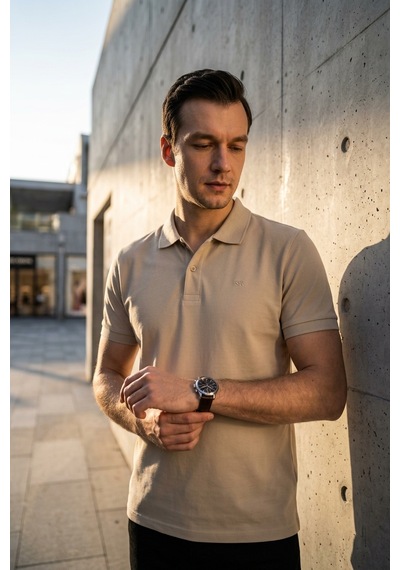 Süvari Slim Fit Düz Baskısız Pike Düğmeli Polo Yaka Nefes Alabilen T-shirt Bej