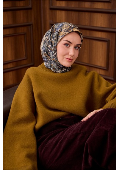 Silk Home Twill İpek Eşarp Lacivert Yağ Yeşili Desenli Tok Duruşlu Kaymaz 90x90 Çok Renkli