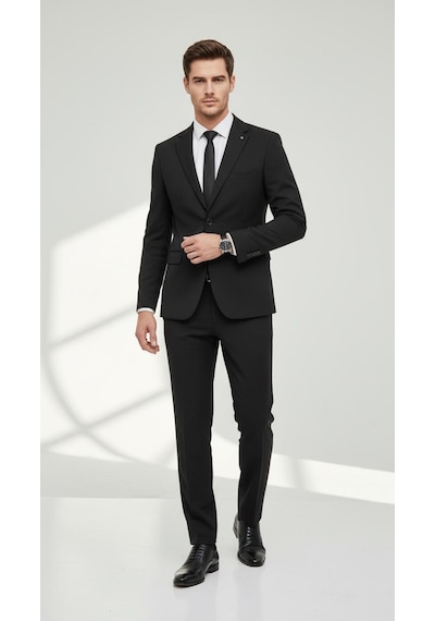Erkek Slim Fit Mikro Desenli Takım Elbise 2 Düğmeli Çift Yırtmaçlı Modern Ceket Pantolon Takım Siyah