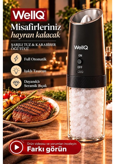 Şarjlı Işıklı Full Otomatik Yeni Nesil Tuz Karabiber Değirmeni Baharat Öğütücü Siyah