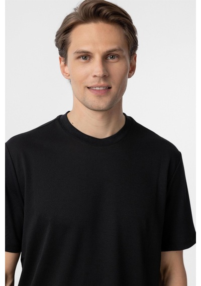 Süvari Siyah Slim Fit Armürlü Bisiklet Yaka Tişört-37357 Siyah